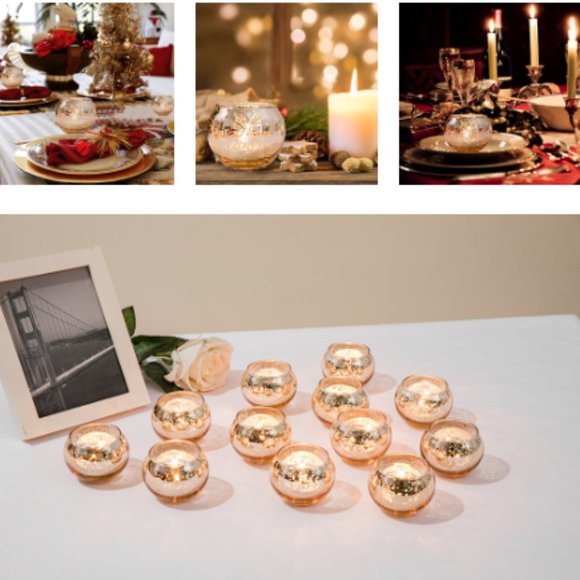 Set of 12 - Fireworks - Round Gold Mercury Glass Candle Holders (Bowl Shaped) - Picture 7 of 9